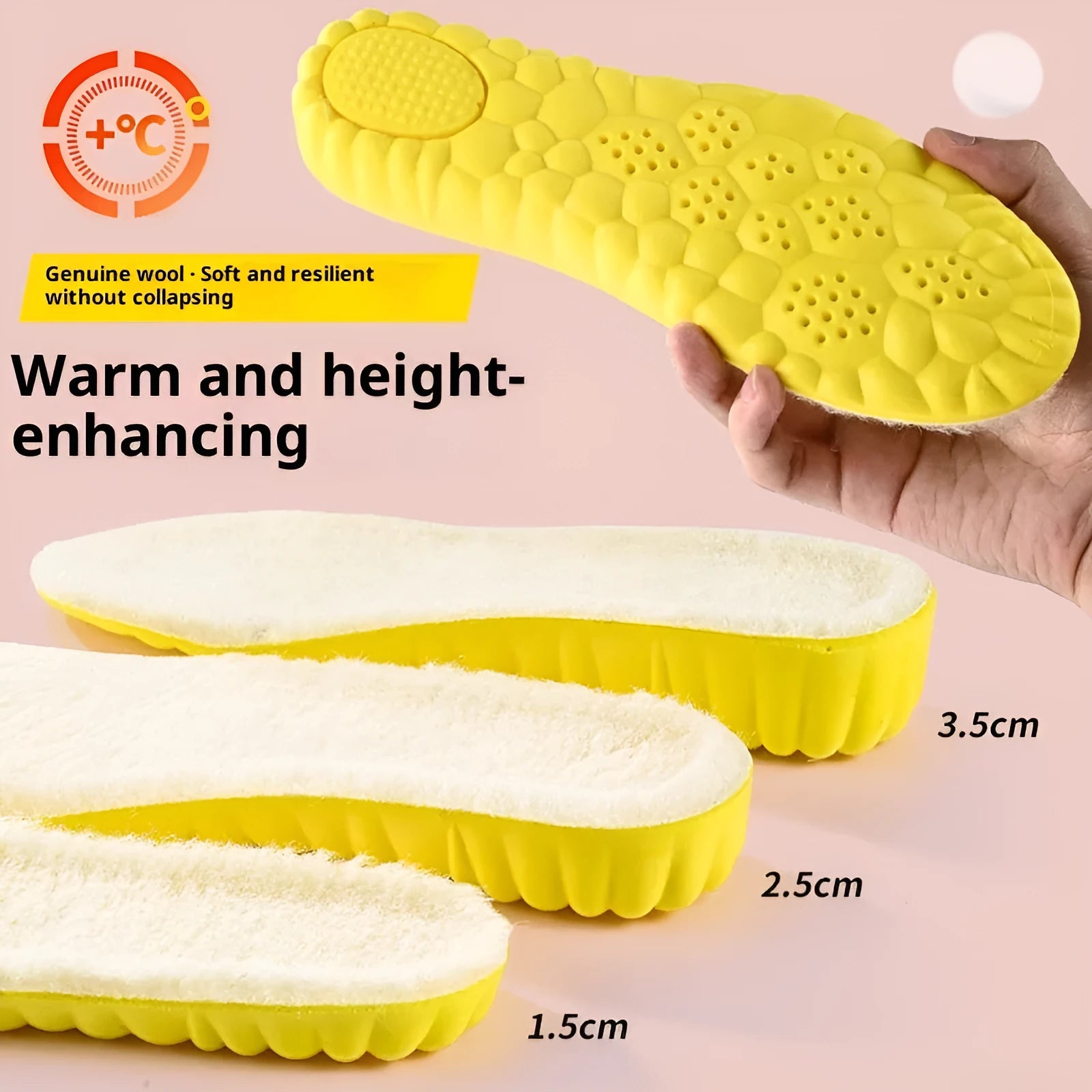 Fleece lined winter height increasing insoles in three lift heights on white background