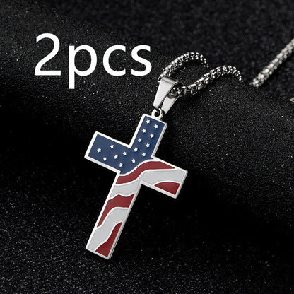 Men's stainless steel flag cross necklace in Black, Gold, and Silver options