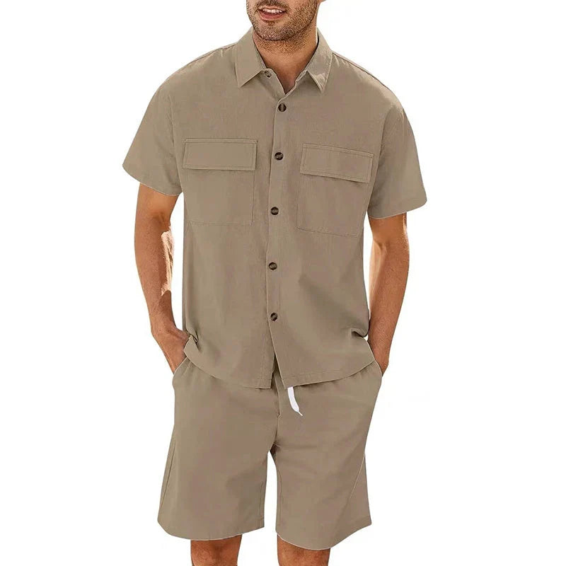 Men's summer suit set with short sleeve lapel shirt and drawstring shorts in linen-cotton blend