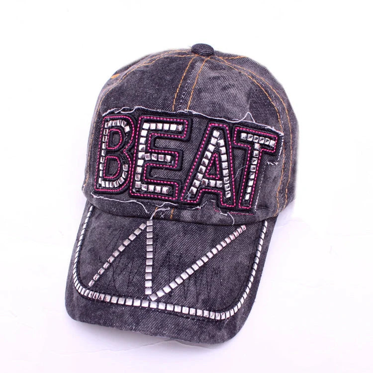 Korean-style denim baseball cap with rhinestone accents in blue, black, and dark blue