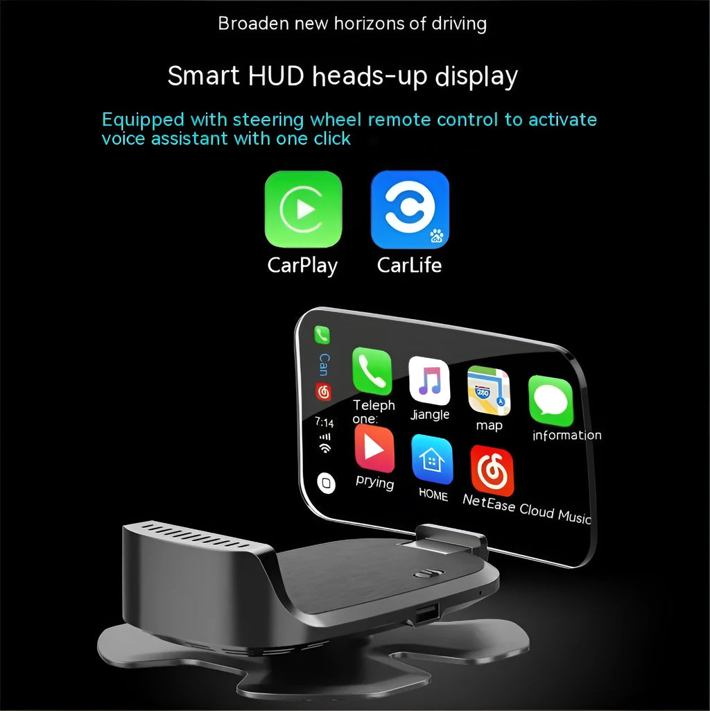 Black HUD head-up display unit for cars with CarPlay and Android Auto projection via OBD connection