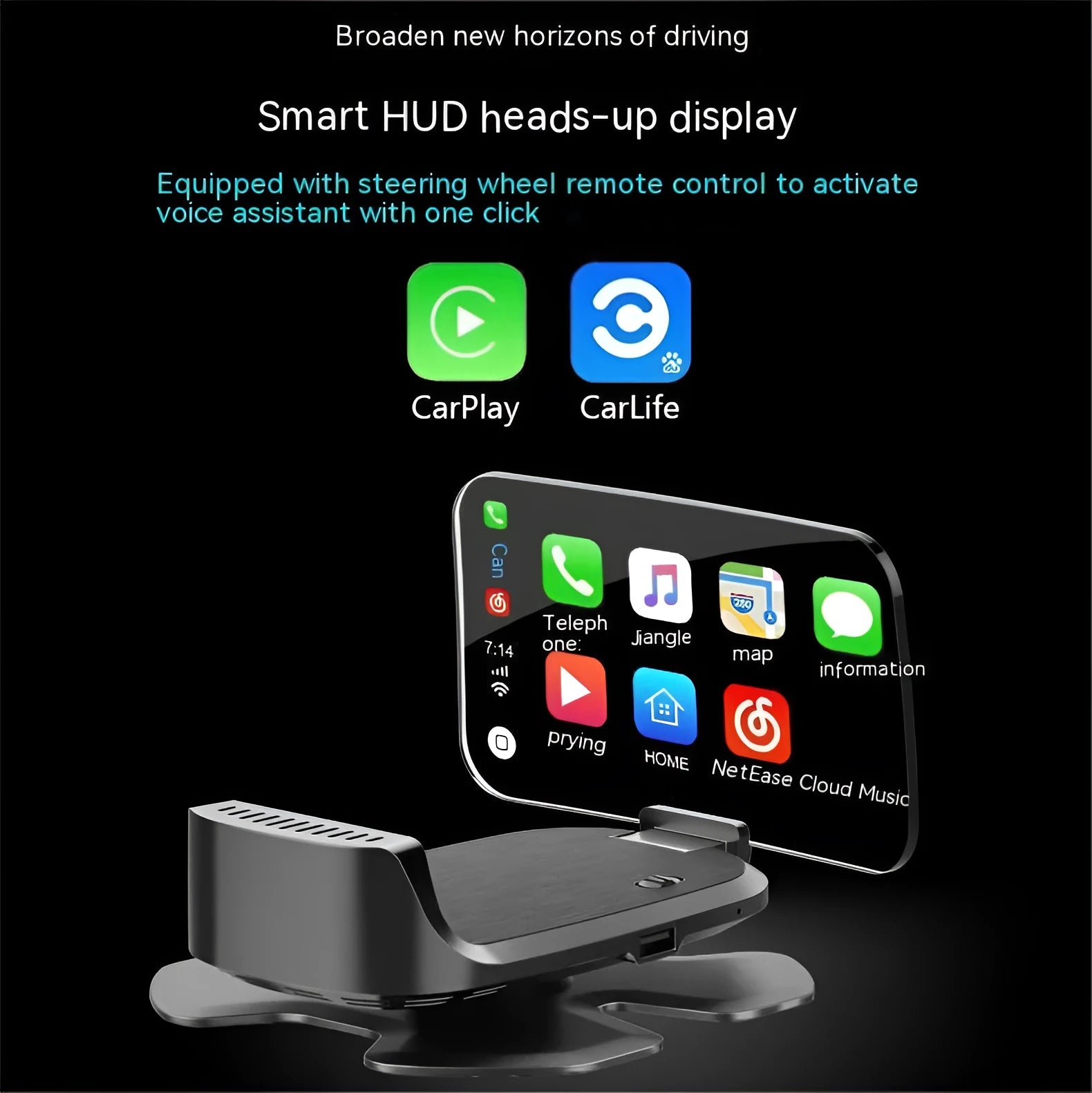 Black HUD head-up display unit for cars with CarPlay and Android Auto projection via OBD connection