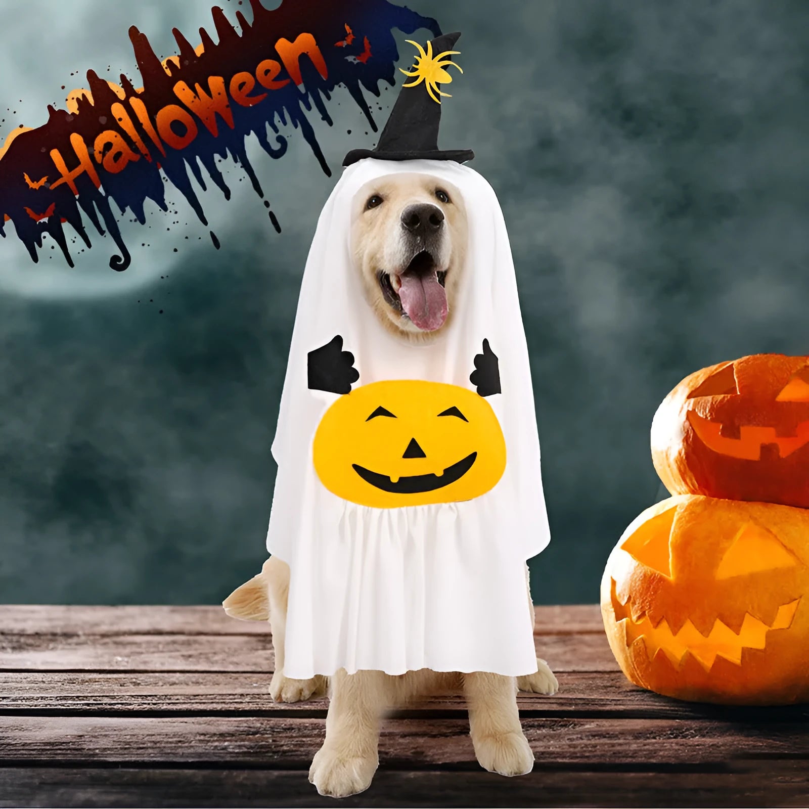 White pumpkin ghost costume suit for a dog on a mannequin, showing the full one-piece design.