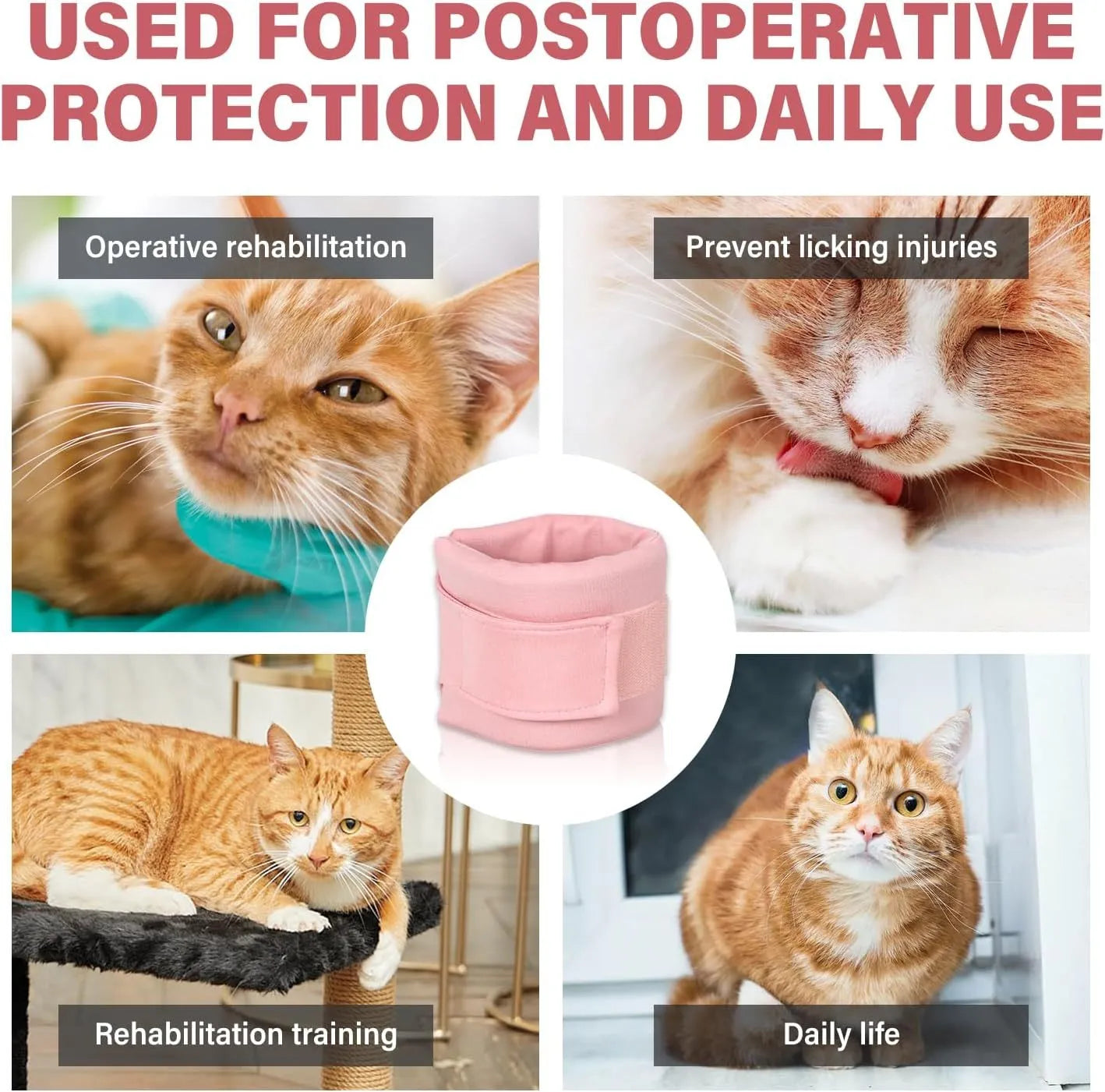 Soft cat cone recovery collar in grey or pink with four size options for post-surgery protection