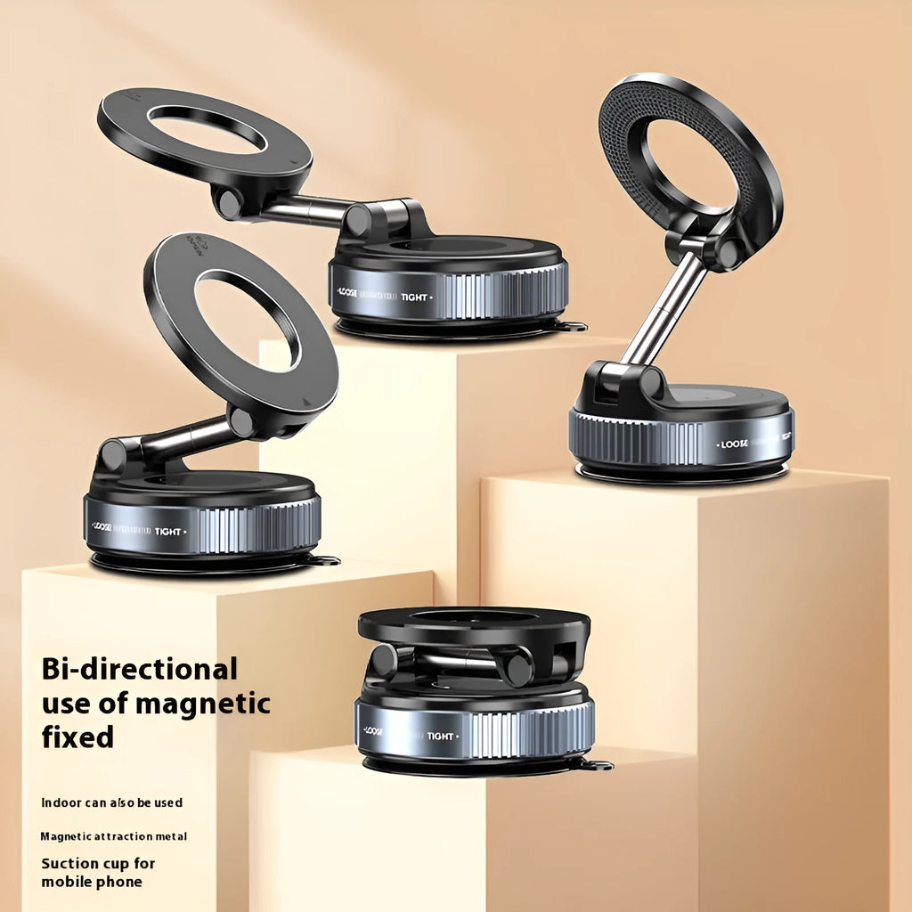 Vacuum rotary magnetic car phone holder with 360° rotation, zinc alloy and aluminium alloy build, in black showing suction and magnet