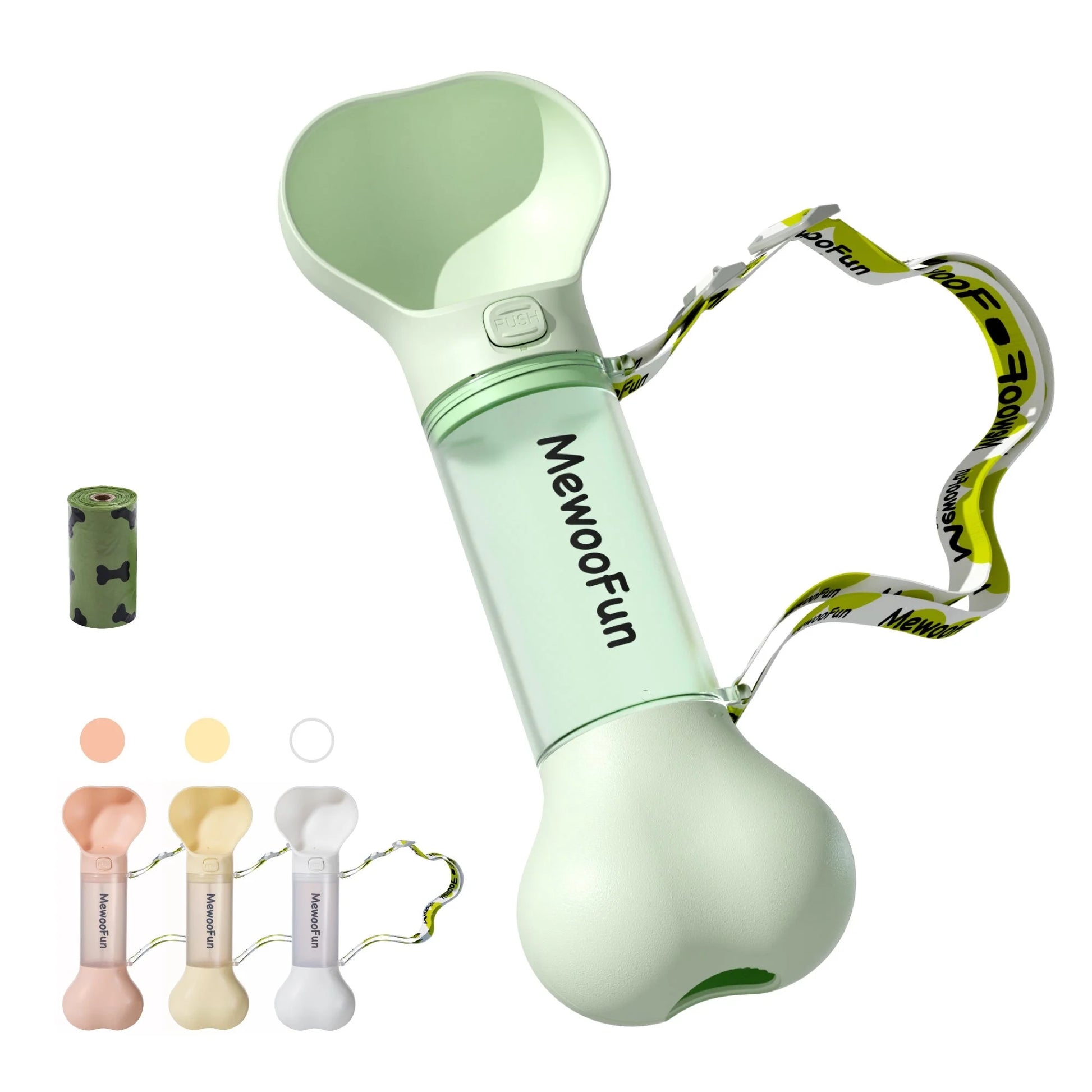 Mewoofun 2-in-1 leak-proof pet water bottle with bone-shaped design and poop bag storage