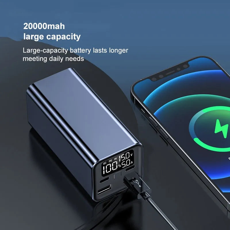 Black high‑power 65W 20000mAh metal laptop charging bank showing its size and ports.