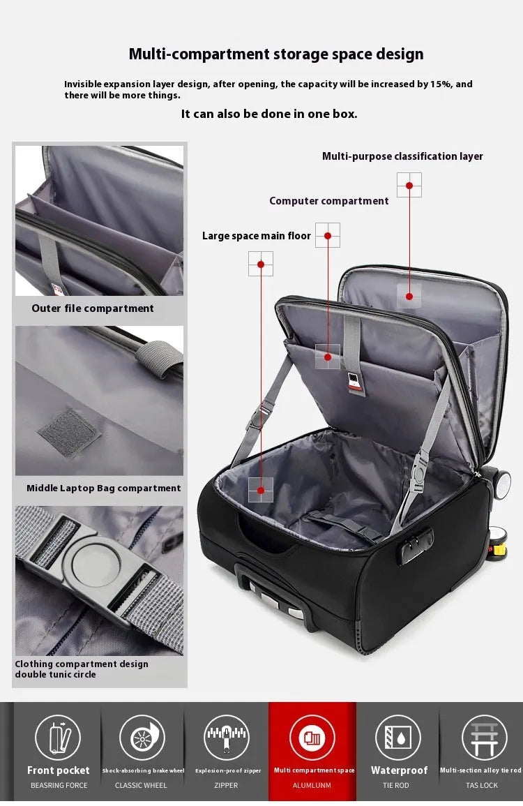 Black 18-inch Oxford cloth business travel suitcase with pull handle and wheels