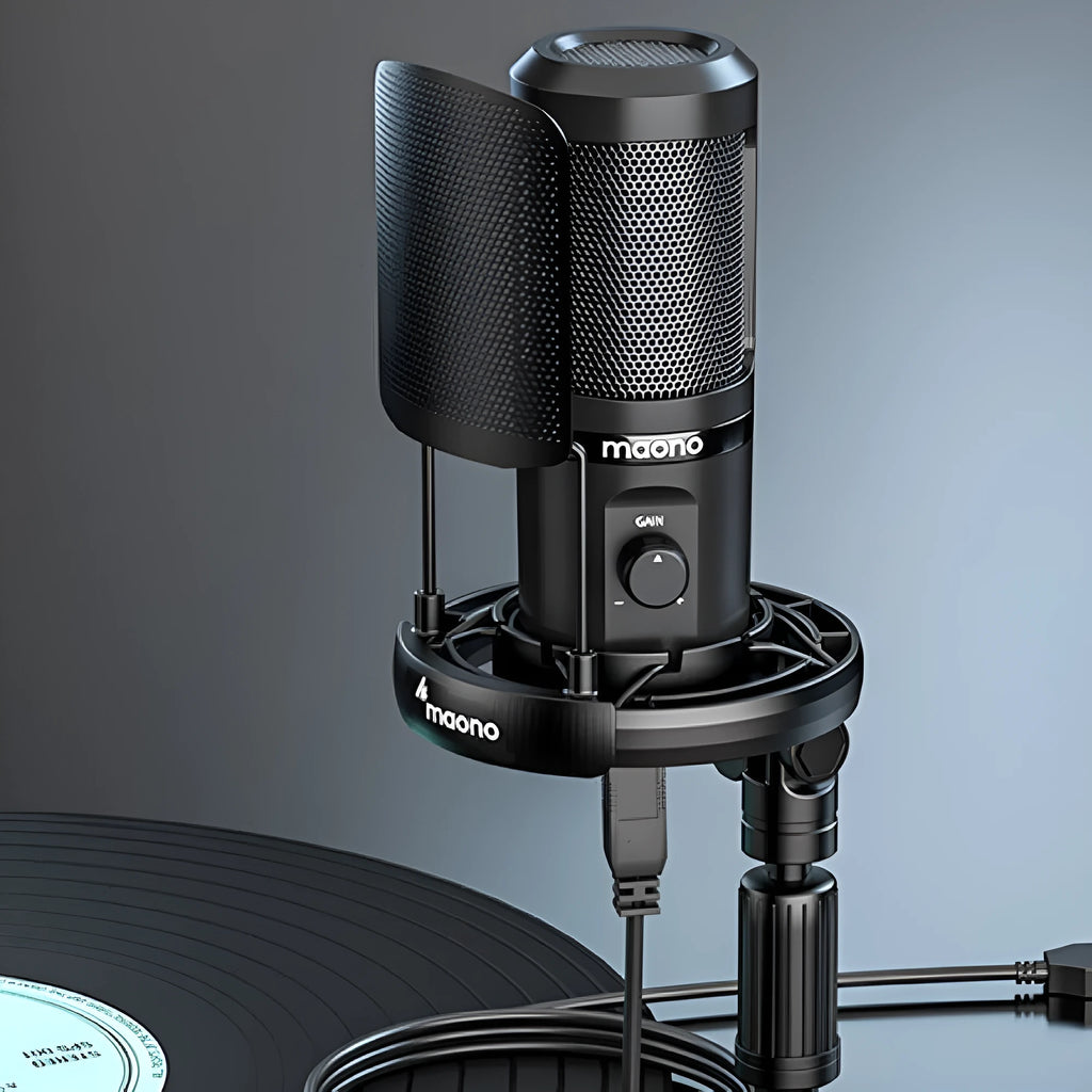 USB condenser microphone on a tripod with shock mount and data cable for computer and mobile recording