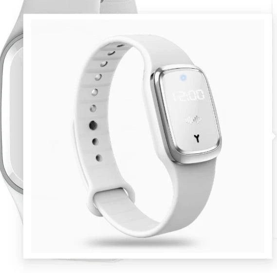 Ultrasonic mosquito repellent wristband in various colours, showcasing waterproof design and optional clock feature.