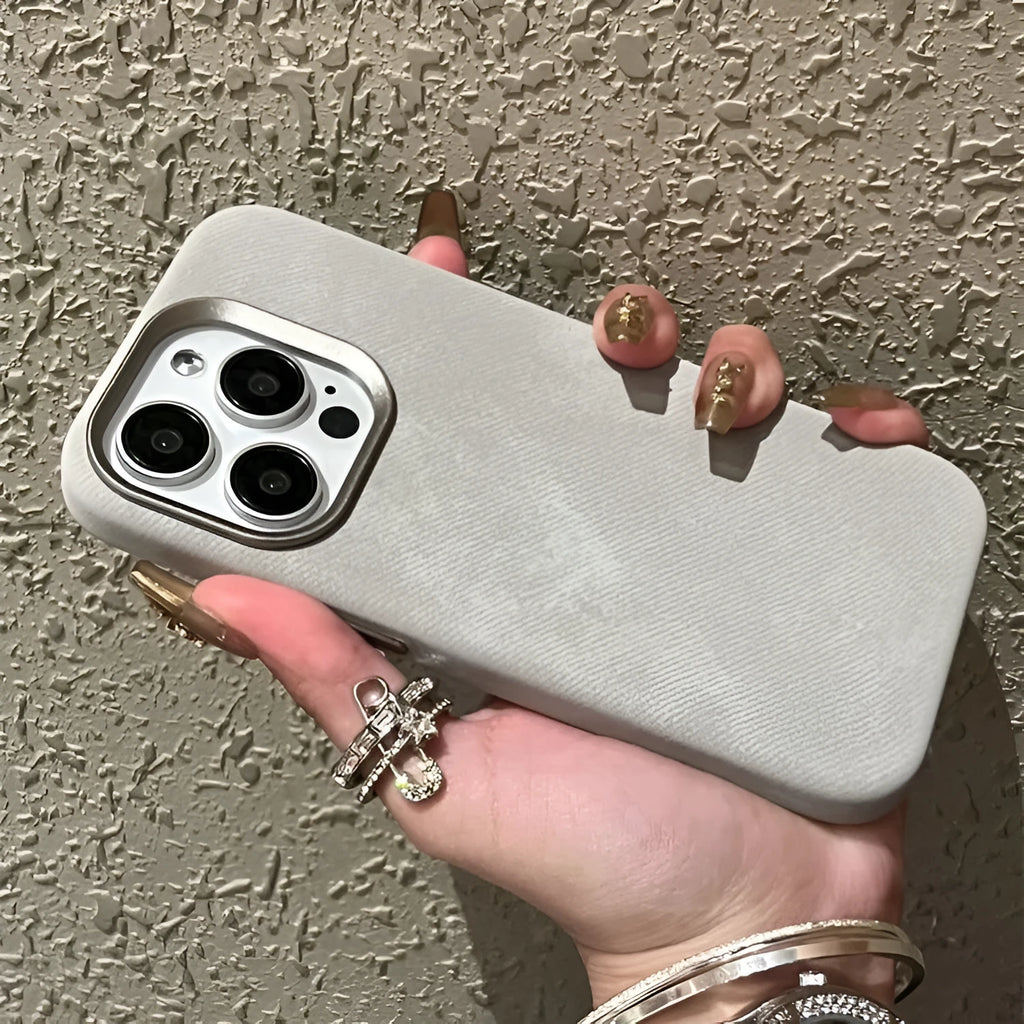 Silver grey magnetic velvet hard case for Apple iPhone, showing front view and magnetic ring detail.