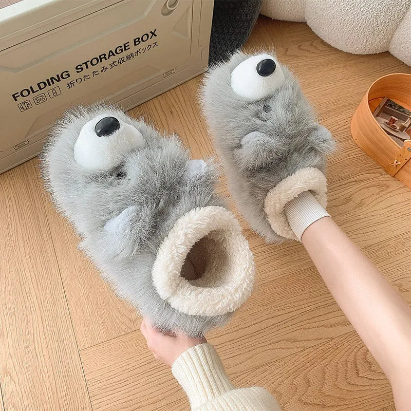 Grey ankle wrap cotton slippers with artificial wool lining showing plush upper and non-slip sole