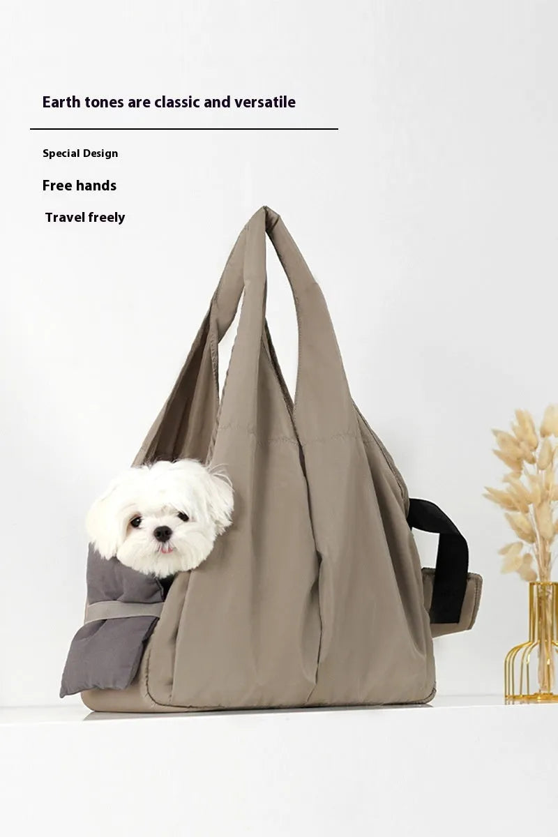 Apricot-coloured cloth pet carrier handbag showing medium dimensions of 41cm width