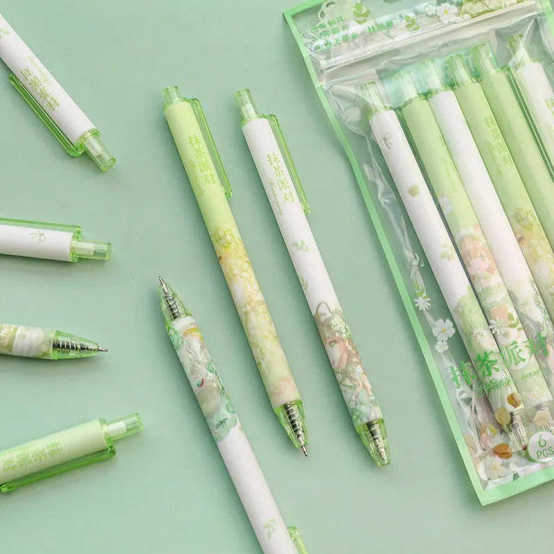 Set of six 0.5mm neutral pens with plastic cases and stainless steel nibs in matcha party and other patterns