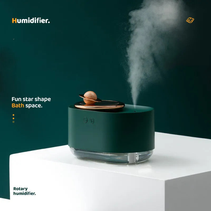 Rotating planet humidifier with USB charging port and night light in green colour with 0.5L water tank