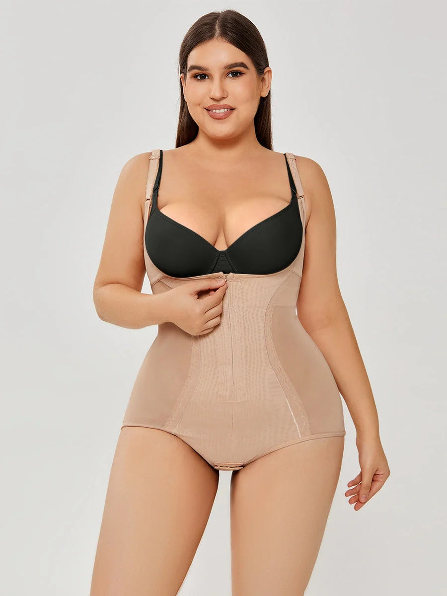 Women's shapewear bodysuit for tummy control and slimming effect in black and apricot