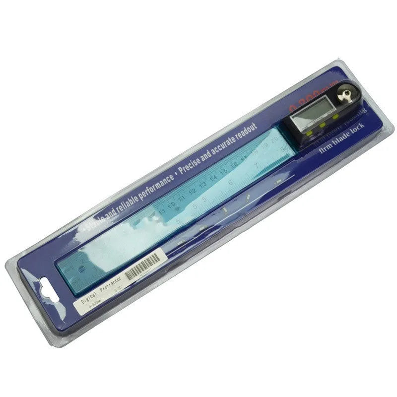 Stainless steel digital angle ruler and protractor with 0-360 degree display on black background