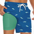 Men's black swim shorts with a printed shark design and white drawstring waist.