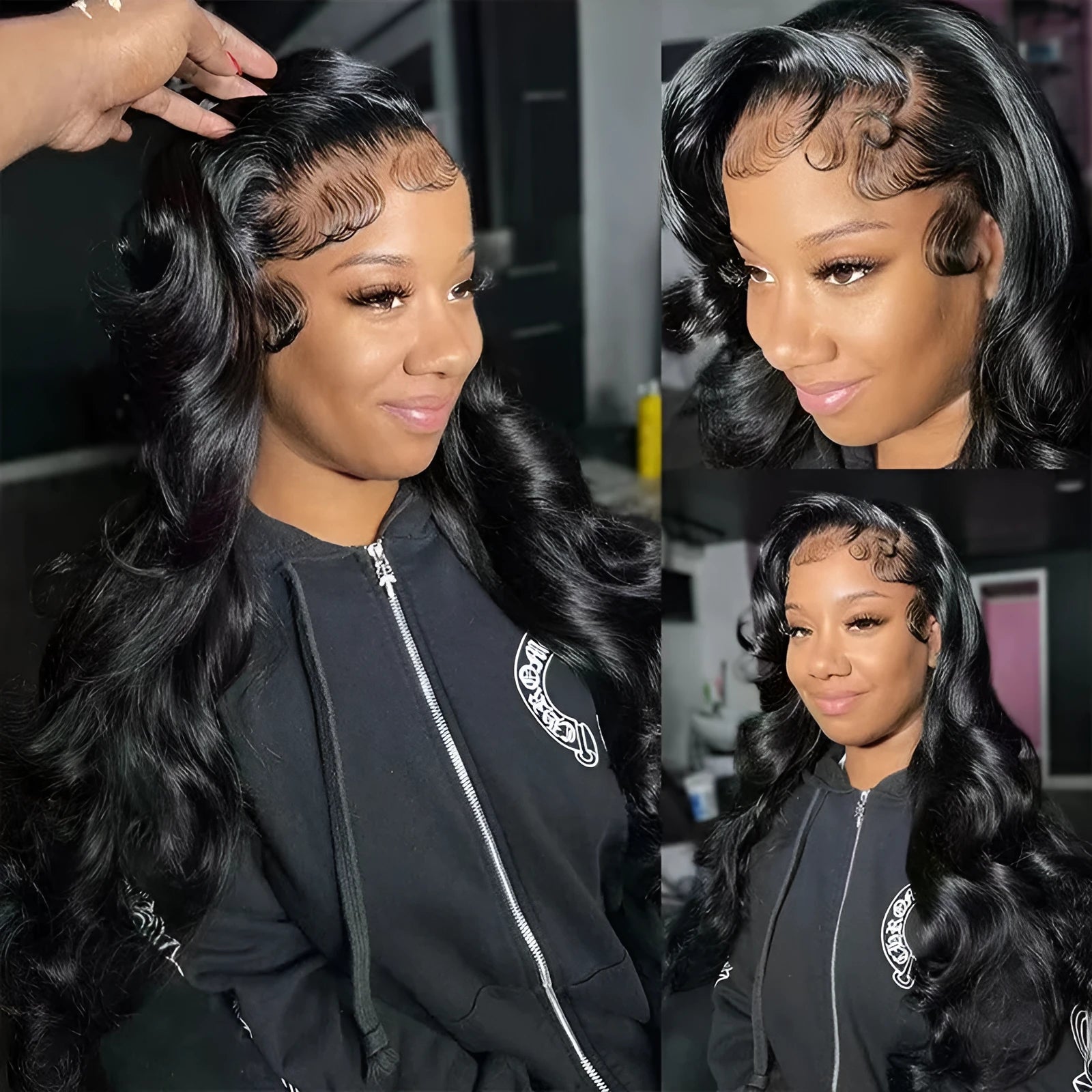 Black mid-length large roll wig for women, 26 inches Kanekalon synthetic hair with side bangs
