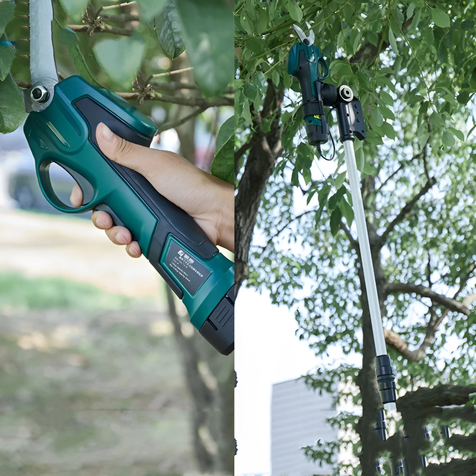 Fruit tree electric pruning scissors with rechargeable 7.2V battery and telescopic extension pole 1.5-2 metres