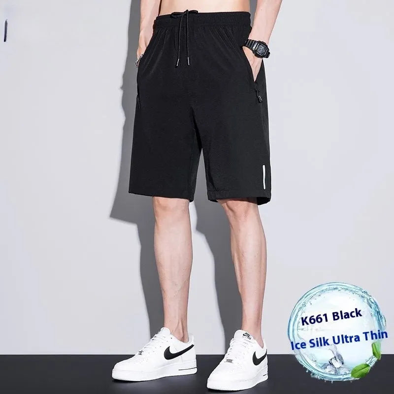 Men's quick-dry ice silk polyester running shorts, lightweight straight-leg fitness shorts in black, dark blue, and light gray