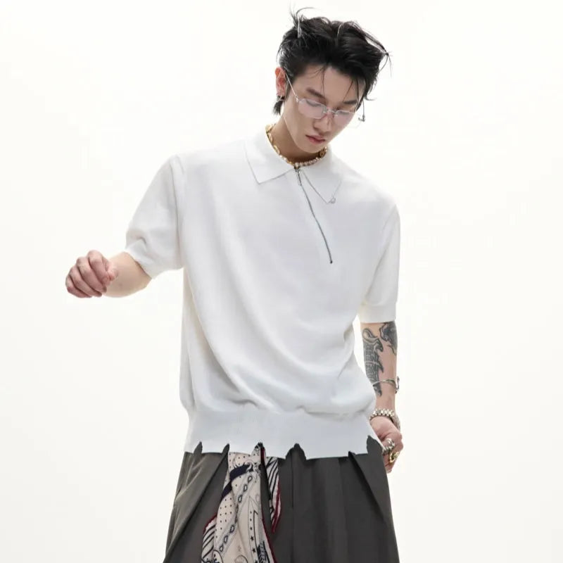 Men's slim-fit knitted polo shirt with oblique zipper lapel collar in solid colour