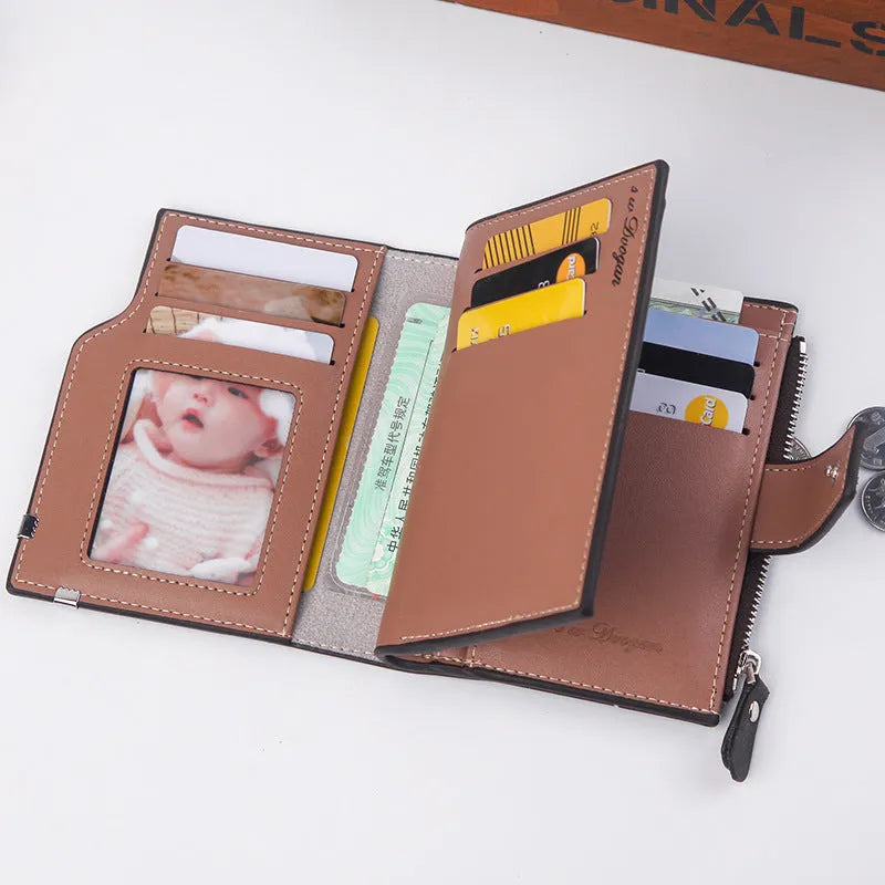 Men's short PU leather wallet with zipper buckle, 12.5x9.8cm, multiple card compartments, colour black