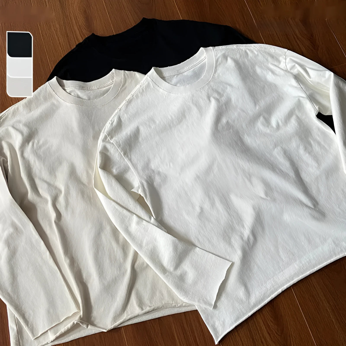 Men's cotton round neck long sleeve T-shirt in apricot, loose fit, solid colour, front view