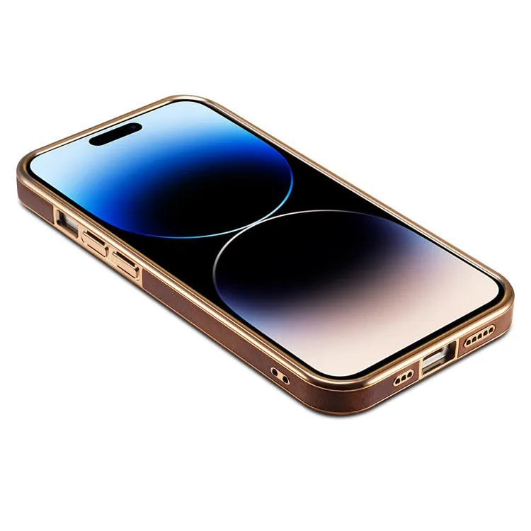 Handmade slim leather iPhone case in black on an iPhone 15