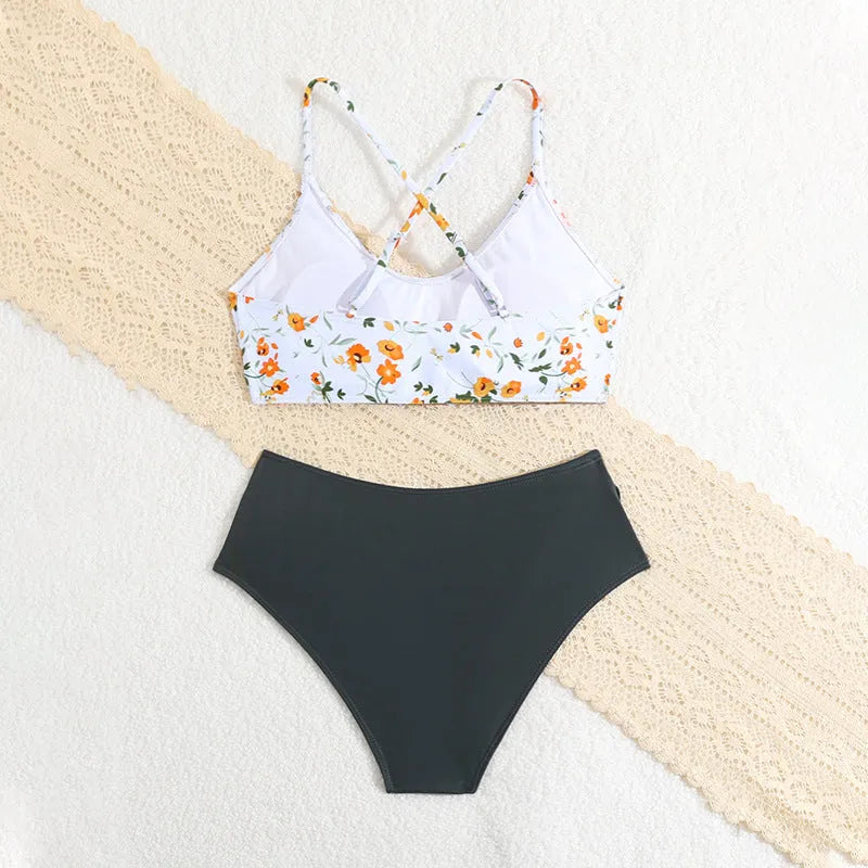 Girls floral print swimsuit set with top and briefs, white background, polyester spandex, sizes 13-16 years