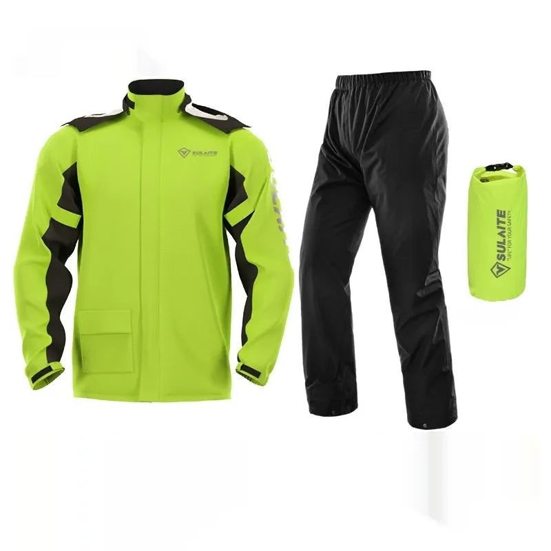 Adult motorcycle waterproof rain suit set including coat, pants, shoe covers and storage bag.