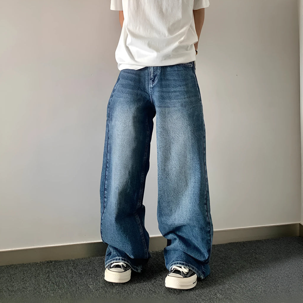 Blue embroidered high-waisted retro loose trousers for teenagers with zip placket cotton blend