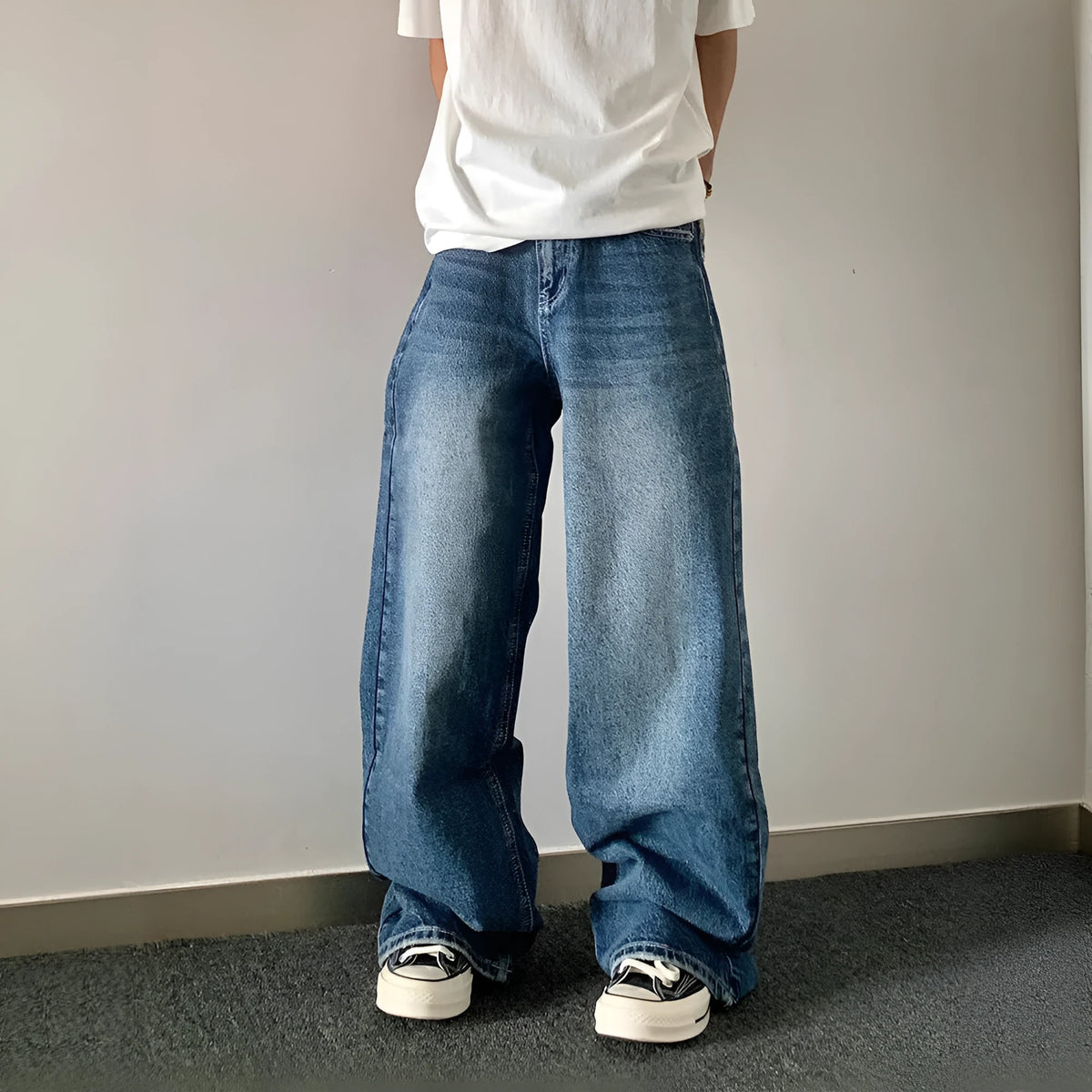 Blue embroidered high-waisted retro loose trousers for teenagers with zip placket cotton blend