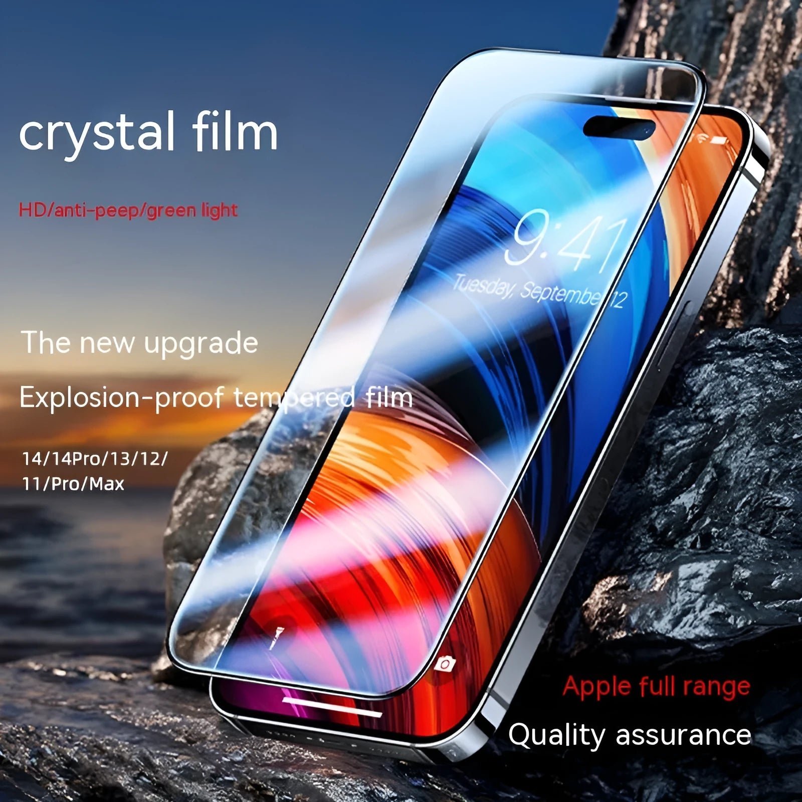 Tempered glass privacy screen protector for iPhone with three finish options: transparent HD, frosted, and peep-proof.
