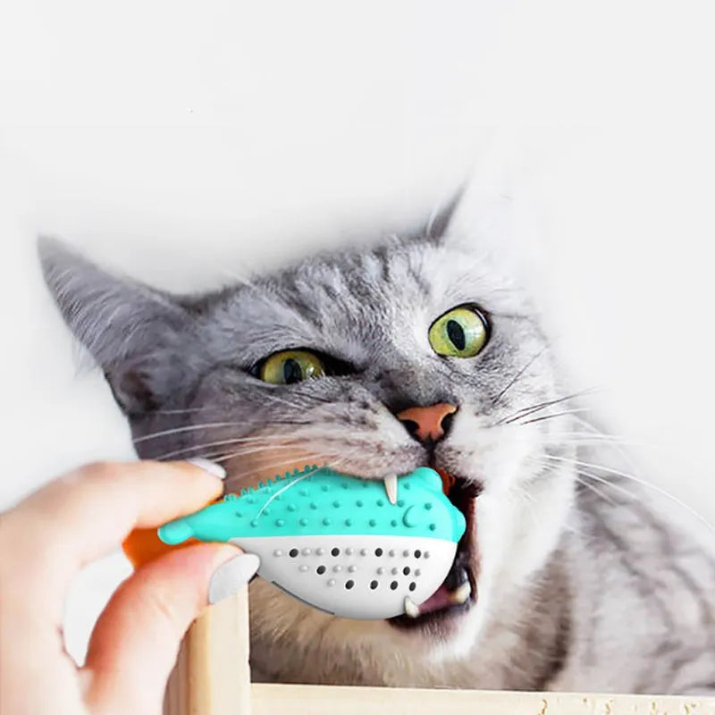 Blue silicone fish-shaped cat chew toy showing measurements and fish design details