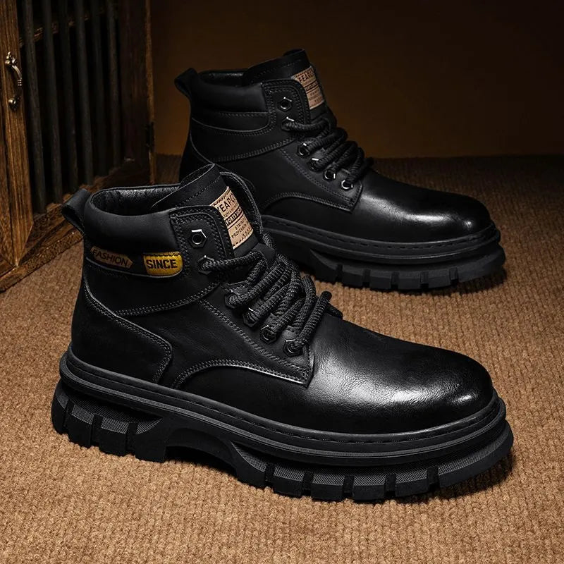 Men's brown lace-up Martin boots with round toe and rubber sole on a neutral background.