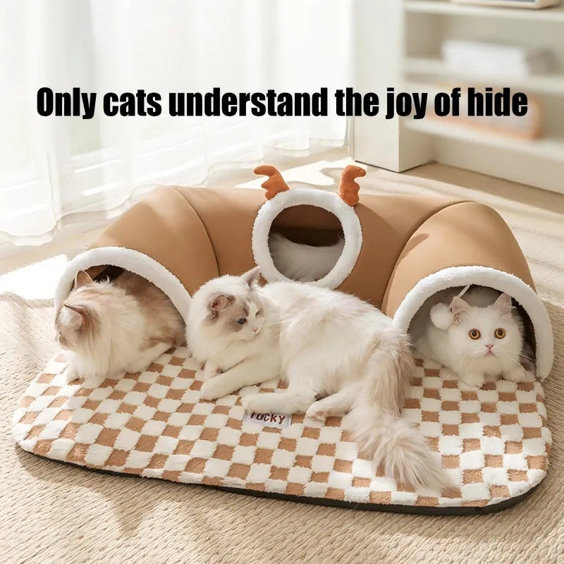 Cat tunnel bed in brown plaid fleece with hanging balls, semi-circular shape, slip-resistant bottom
