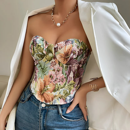 Women's Y2K floral lace tube vest top in apricot, 40cm crop length with back-tied strapless design, slim fit polyester tank