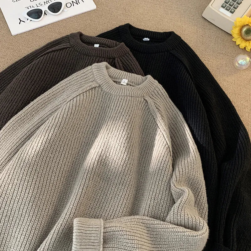 Men's solid colour loose pullover sweater in black 100% polyester long sleeves casual top