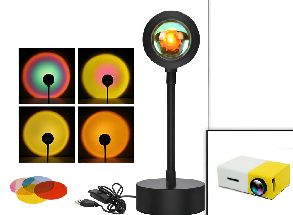 Adjustable sunset projection lamp with iron shell, 80x100x270mm, projecting 4 light modes on wall via USB 5V power