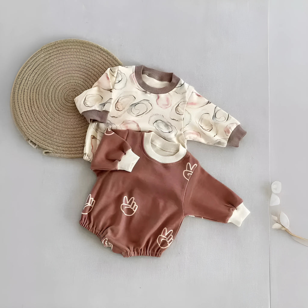 Baby cotton long-sleeved jumpsuit oyster colour neutral style suitable for 0-24 months