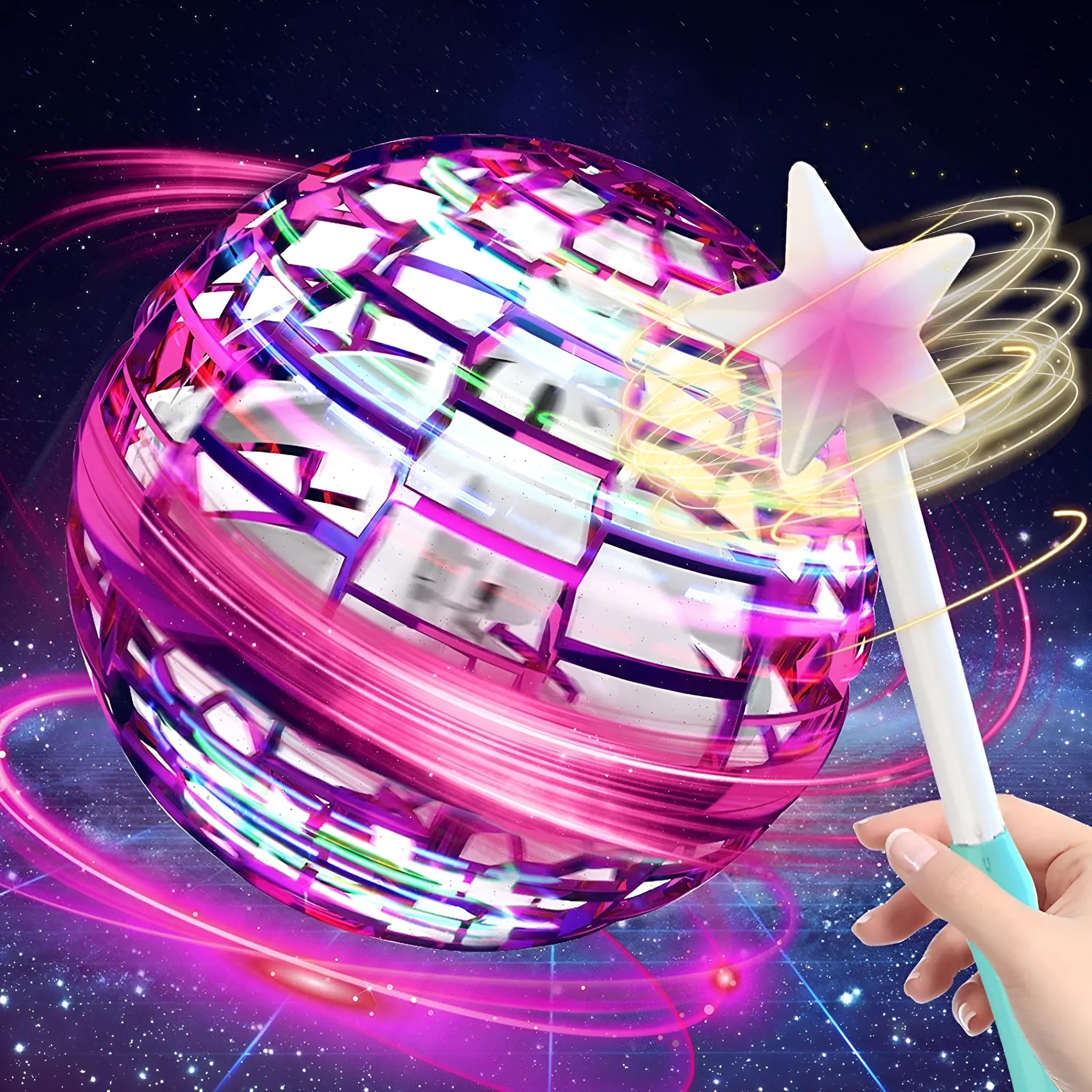 Blue spinning flying ball toy with LED lights hovering above a child's hand.
