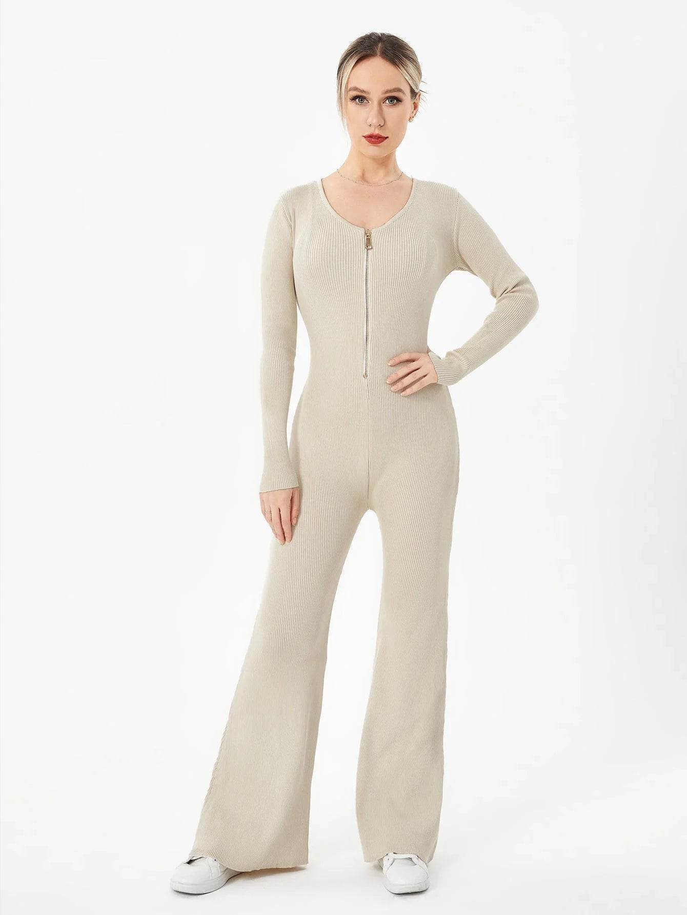 Zippered round neck flared trousers in black, white, khaki, and brown