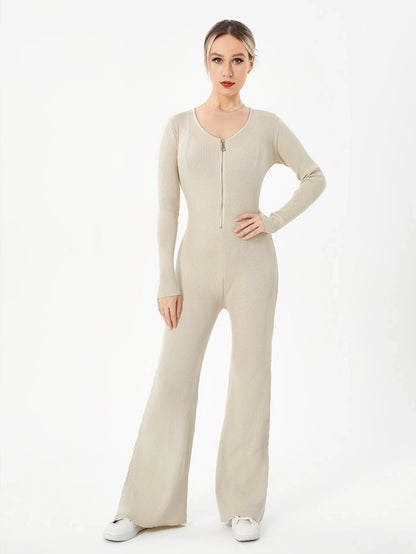 Zippered round neck flared trousers in black, white, khaki, and brown