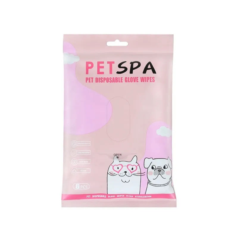 Pack of six pet wipes gloves for dogs, non-woven fabric, pink UK bag, wash-free deodorising dry cleaning