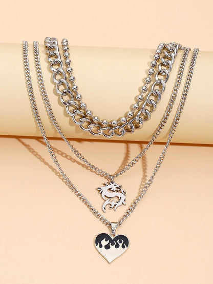 Simple Love Dragon Pendant with adjustable alloy chain, silver electroplating, geometric design