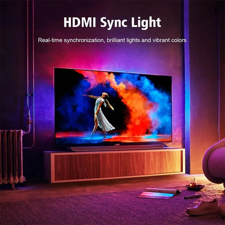 TV ambience light strip kit with app control for 32 to 150 inch televisions on a grey background.
