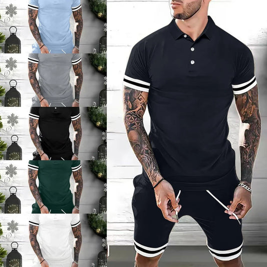 Stylish men's casual summer outfit with polo shirt and matching shorts in various colors