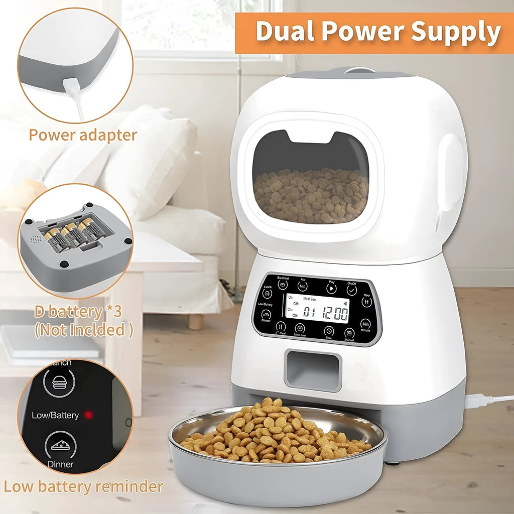 White ABS pet automatic feeder with button or WiFi control, suitable for dogs and cats