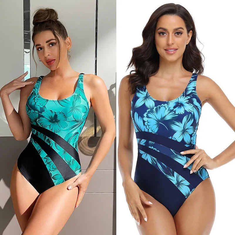 Green and blue printed women's one-piece swimsuit with a conservative briefs style